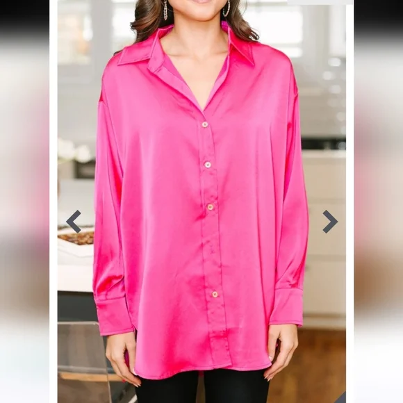 ENTRO Satin Long Sleeve Relaxed Fit Button Up Blouse In Hot Pink. Size Med NWT - Picture 4 of 16